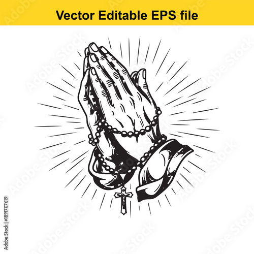 vsai Praying hands with rosary and cross clasped in prayer symbolizing faith and spirituality with sunburst background