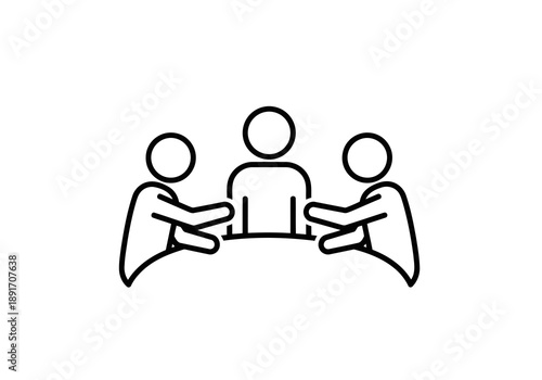 Three people sitting around a table in a simple line drawing