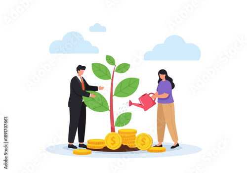 Businessman and businesswoman nurturing a plant growing from coins