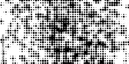 Halftone pattern dot background texture overlay distress design, striking black and white features dense randomized pattern of small black dots against a white background creating abstract textured.