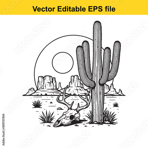 vsai Desert landscape with cactus antelope skull and rocky outcrops under full moon