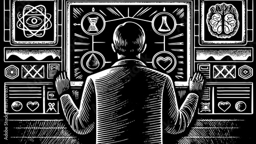 Scientist observes complex biological and chemical data streams on a dark control panel with multiple abstract symbols.