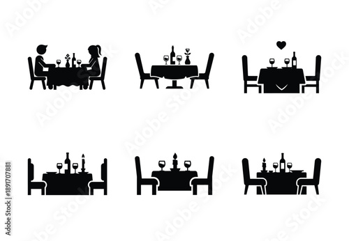 Collection of a black romantic dinner vector icon set. valentines day silhouette icons.