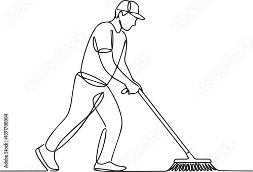 Man sweeping floor with broom, person cleaning floor, janitor at work