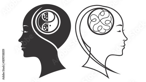 Contrasting human profiles illustrate the balance between opposing mental states within the mind and consciousness.