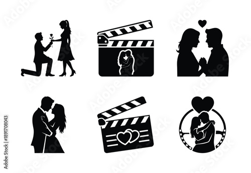 Collection of a black romantic movie vector icon set. valentines day silhouette icons.