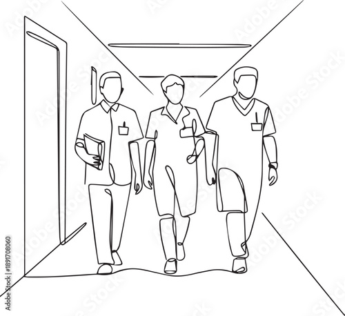 Medical professionals walking down a hospital corridor, viewed from the front