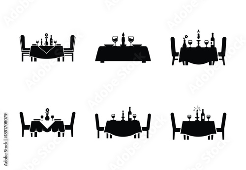 Collection of a black romantic dinner table vector icon set. valentines day silhouette icons.