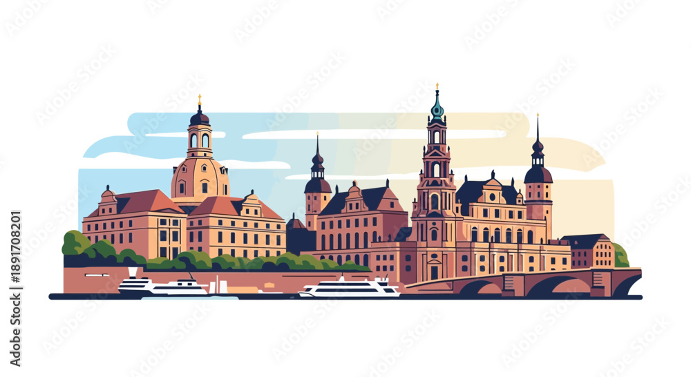 Fototapeta premium Dresden Skyline Vector Illustration with Historical Buildings and River.