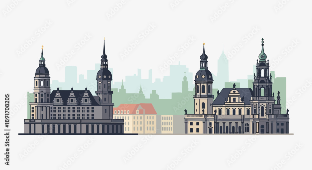 Fototapeta premium Dresden Skyline Vector Illustration with Prominent Architectural Landmarks.