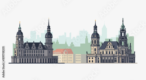 Dresden Skyline Vector Illustration with Prominent Architectural Landmarks.