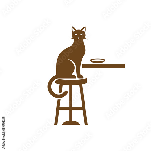 Cat sitting on bar stool at cafe counter. Pet friendly coffee shop logo concept. Flat brown vector illustration