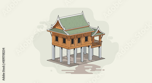 Elevated Thai House Illustration Traditional Architecture on Stilts.