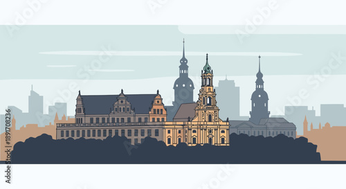 Dresden Skyline Vector Illustration with Prominent Church Towers.