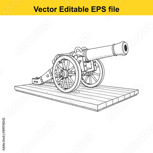 vsai Editable vector cannon on wooden platform black and white line drawing eps file