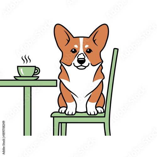 Corgi dog sitting at cafe table with coffee cup. Puppy with foam on nose drinking puppuccino. Flat design vector illustration