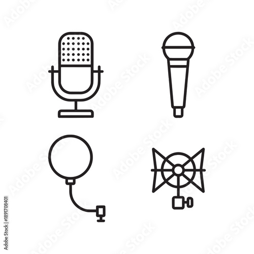 Studio recording equipment line icons. Vintage microphone, handheld mic, pop filter, and studio reflector lamp