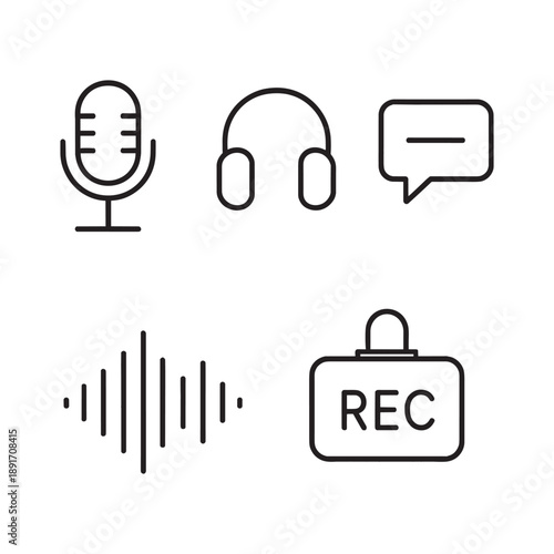 Podcast and voice recording icons. Microphone, headphones, speech bubble, sound wave, and record button symbols