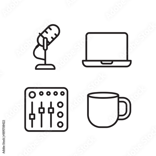 Workspace for podcasting or streaming icons. Desktop microphone, laptop, audio mixer, and coffee mug symbols