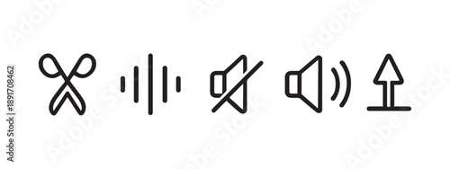 Audio Editing and Sound Control Icon Set with Scissors, Waveform, Mute, Volume, and Export