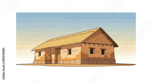 Illustration of a Simple ThatchedRoof House with Mud Walls.