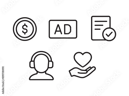 Business and Service Line Icons featuring Monetization, Advertising, Approved Document, Support, and Charity