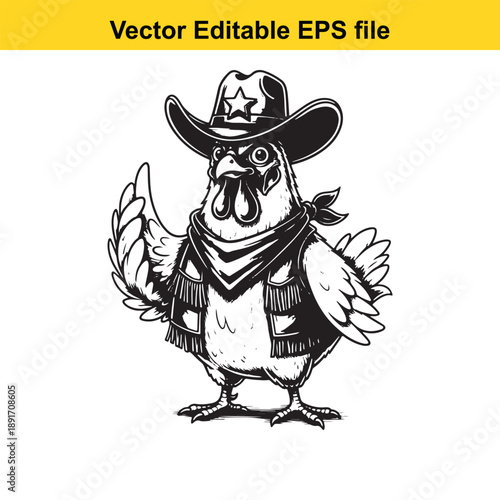 vsai Funny cartoon chicken wearing cowboy hat and bandana vector illustration for design