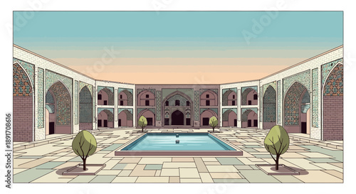 Illustration of a traditional Islamic courtyard with a central pool.