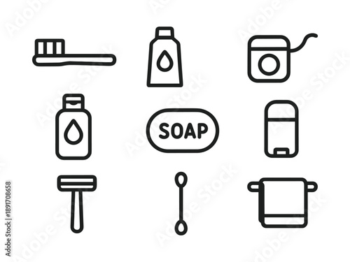 ersonal Hygiene and Bathroom Essentials Line Icons. Daily Body Care