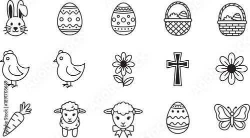 Easter themed illustrations including eggs animals and religious symbols