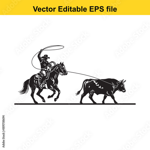 vsai Cowboy on horseback lassoing bull vector illustration editable eps file ranch work cattle herding western style