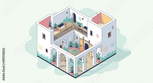 Isometric Illustration of a TwoStory Building with Courtyard.