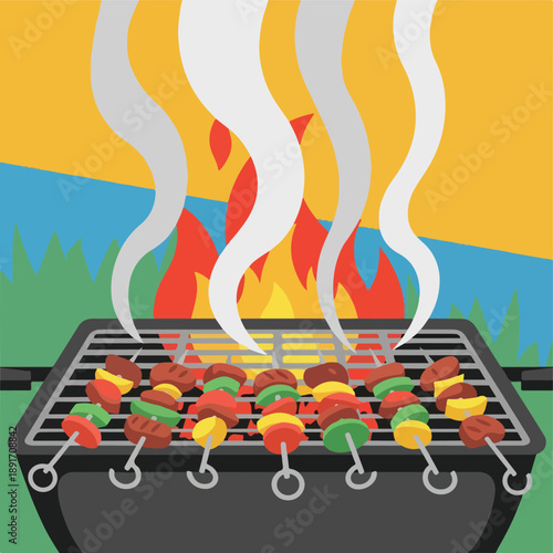 barbecue grill with smoke and fire
