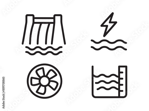 Hydroelectric power and water management icon set. Renewable energy, dam, turbine, and water level measurement symbols