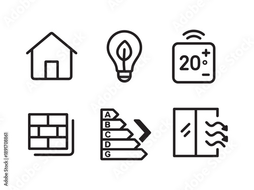 Home energy efficiency and insulation icon set. Smart home thermostat, eco bulb, wall insulation, and window draft symbols