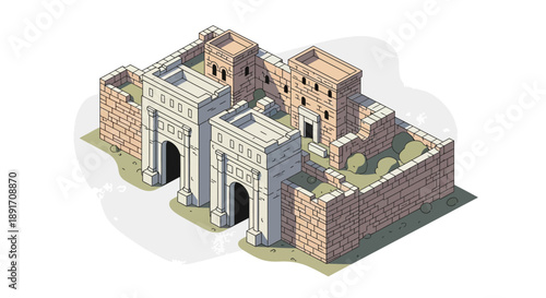Isometric Illustration of Ancient City Gate with Brick Walls.