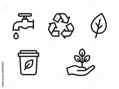 Environmental protection and recycling icon set. Water tap, recycle symbol, leaf, eco cup, and hand holding plant