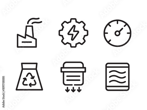 Industrial energy and pollution control icons. Factory, gear with lightning, speedometer, recycle bin, and air filter symbols