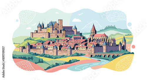 Medieval Townscape Illustration A Vibrant Depiction of Historic Architecture.