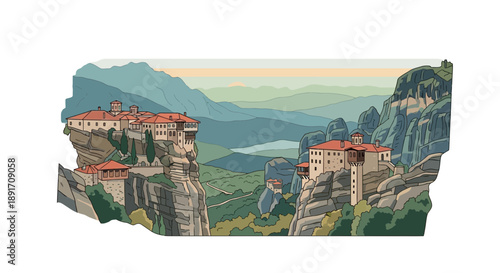 Meteora Monasteries perched atop towering rock formations Greece.
