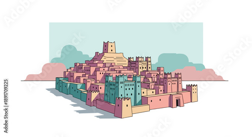 Stylized Illustration of a Medieval Fortress with Towers and Walls.