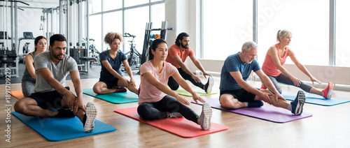 Group stretching class in bright gym. Stretching improves flexibility and recovery, stretching routine for newyearresolution, fitness challenge, corporate wellness program, healthy body concept