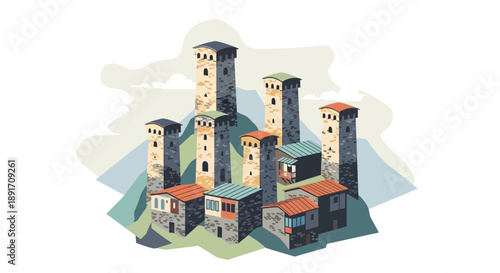 Svaneti Towers A Watercolor Illustration of Medieval Georgian Architecture.