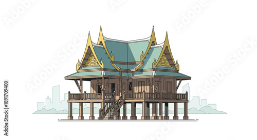 Traditional Thai House on Stilts with Ornate Roof Design.