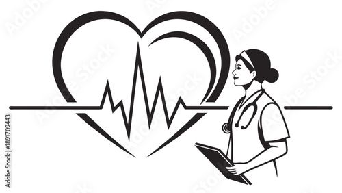 Female medical professional with a clipboard stands beside a large heart shape featuring a prominent electrocardiogram line.