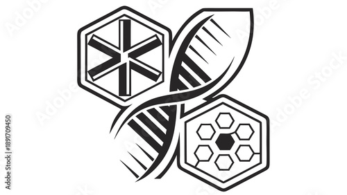 Abstract molecular structure graphic integrates DNA helix spirals with hexagonal chemical bond diagrams.