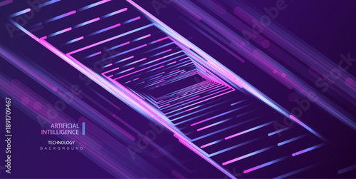 Ai Perspective Big Data Flow Vector Banner. Particle Lines Big Data Connection Artificial Intelligence Background. Futuristic Connect Technology And Science Design.