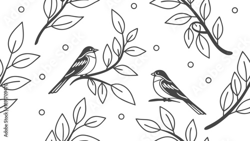 Seamless repeating pattern features small songbirds perched upon leafy branches against a white background.