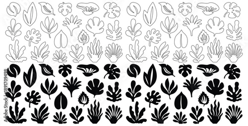 Collection of tropical botanical leaf outlines and solid silhouettes providing diverse natural design elements for artistic creations and aesthetic projects
