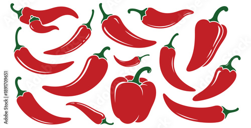 Collection of various stylized red chili peppers and one bell pepper showcasing different shapes and sizes for spicy food illustration concepts